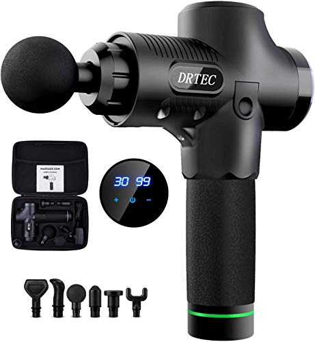 Pistola massaggiante DRTEC con 6 testine massaggianti a 30 velocità e pannello di controllo touch screen per massaggiatore schiena spalle e collo per il rilassamento elettrico