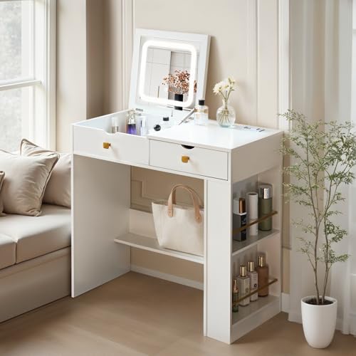 Image of JanflyHome Vanity Desk with Flip Top Mirror,White Makeup Vanity Table with 3 Color Light and Brightness Adjustable, Side Organizer Small Vanity with Storage Compartment, Writing Desk for Bedroom