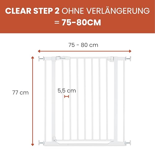 hauck Clear Step 2, Weiß - Kinderschutzgitter Hundegitter, Verstellbare Breite 75-80 cm, 77 cm Hoch, Flacher Einstieg, Einhand Öffnung, ohne Bohren, für Innen
