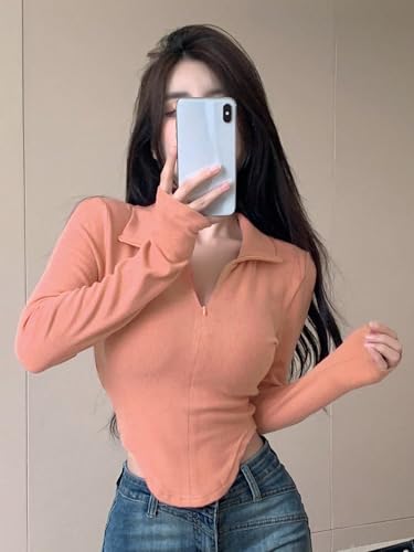 Image of Istyle Can Women's Top Solid Long Sleeve Ribbed Asymmetric Hem Casual T-Shirt with Zipper Collar. Full Sleeve, Rib Knit, Plain, Slim Fit