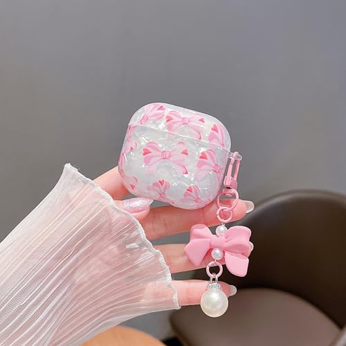 Image of MINSCOSE for Cute Glitter AirPods 4 Case,Shell Pattern Pretty Bow Design with Trendy Floral Keychain,Soft TPU Protective Cover with Cleaner Kit for Girls Women for AirPods 4-Pink