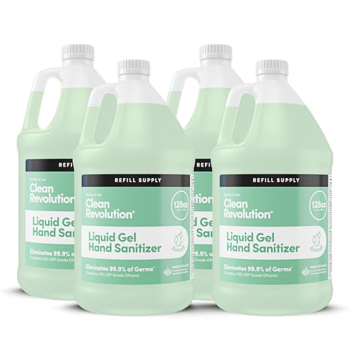 Image of Clean Revolution Liquid Gel Hand Sanitizer 128 oz Refill Bottle 4-Pack, Gentle, Aloe Scented, 70% USP Medical Grade Ethanol, Medical Facility Compliant - Made in USA