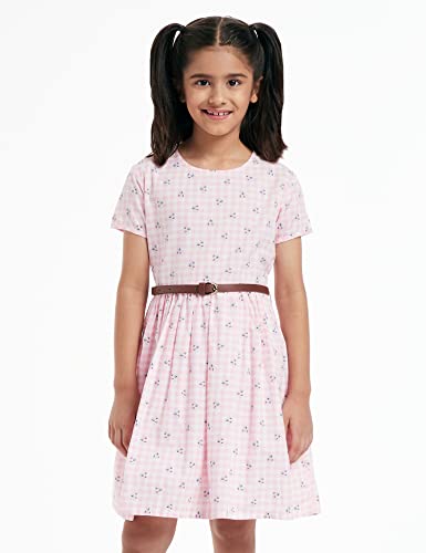 Image of Amazon Brand - Jam & Honey Girl's 100% Soft & Pure Cotton Comfortable and Stylish Printed Woven Dress with Short Sleeves and Belt - Perfect for Every Occasion