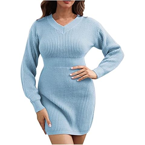 Women Sweater Dresses V-neck Long-sleeved Waist High-waist Dress Women's Knitted Dress Autumn And Winter New Elegant Casual Solid Color Short Slim Jumper Bodycon Stretch Sweater Dresses Cover