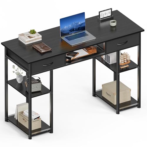 Sweetcrispy Desk with Fabric Drawers, Computer Office 48 Inch Gaming Writing Study 4 Storage Shelves Table for Home Office Bedroom PC Desk, Black Wood