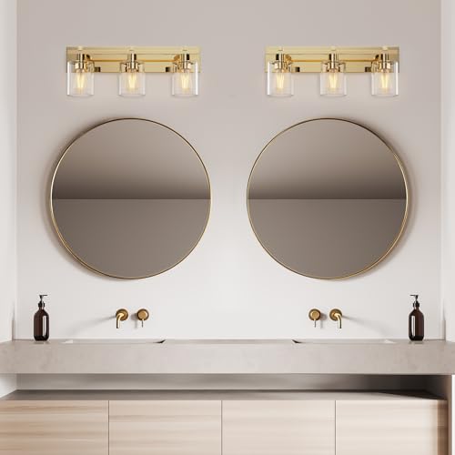 Image of Bathroom Vanity Light, 3 Light Gold Light Fixture with Thickened Clear Glass Shade, 21 inch Modern Wall Sconce,Vanity Light Over Mirror for Bathroom
