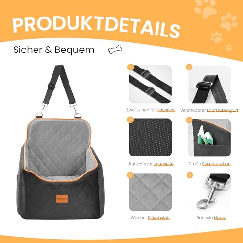HiPetpy Hunde Autositz –Autositz mit Decke & dickem Kissen für kleine Hunde bis 14 kg/30 lb, Erhöhtes Design mit Sicherheitsleine, rutschfestes Hundebett fürs Auto mit Aufbewahrungstaschen (Grau)