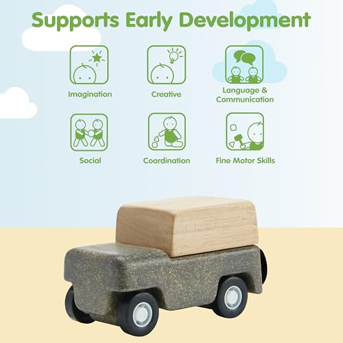 Image of PlanToys Grey Wagon Wooden Montessori Pull Along Toy | Early Movement, Balance and Practical Life Exploration | Eco Friendly Wagon for Indoor and Outdoor Play