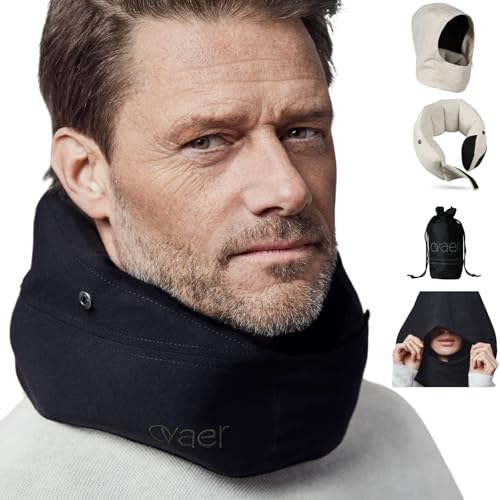 Ovaer ネックピロー フード付き エアー 飛行機 コンパクト 旅行 トラベルピロー 洗える 携帯枕 収納袋つき (ボンダイ・ベージュ)