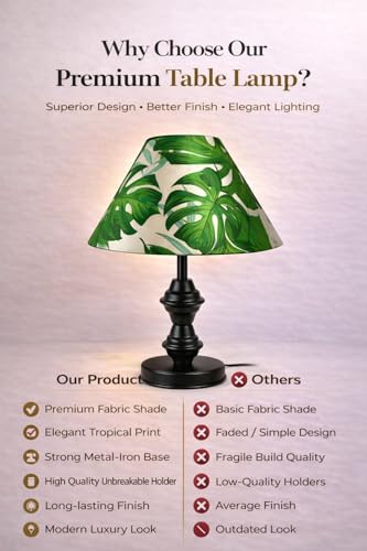 Image of tu casa Modern Table Lamp with Tropical Leaf Satin Shade | Metal Iron Base Decorative lamp for Living Room| Decorative Lighting for Living Room, Study & Home Decor, Designer Table Lamp for Gifting