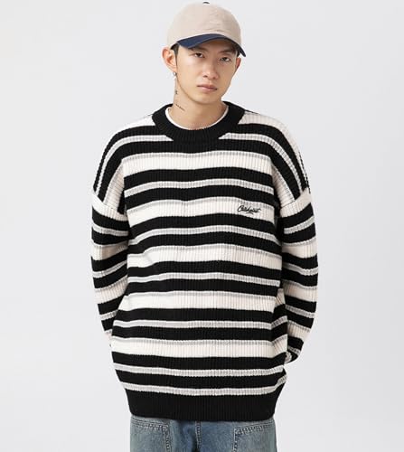 Men's Striped Knitted Sweater Crewneck Long Sleeves Pullover Vintage Soft Textured Knitwear3