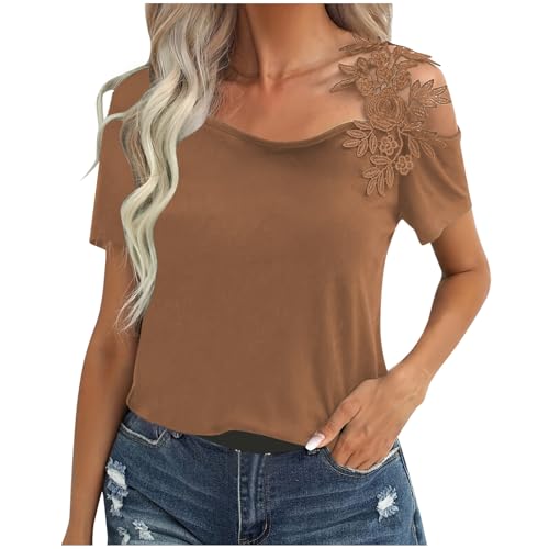 Womens Off Shoulder Tops Summer Short Sleeve Shirts Floral Applique Strap Asymmetrical Neck Dressy Casual Tunic Blouses Khaki