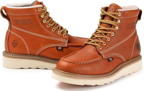 SUREWAY 6 in Mens Waterproof Steel Toe Work Boots for Men-Full Grain Leather,Goodyear,Non-Slip EH Safety Industial Construction Wedge Moc Toe Work Boots/Shoes,WP Steel Toe Light Brown,Size 94
