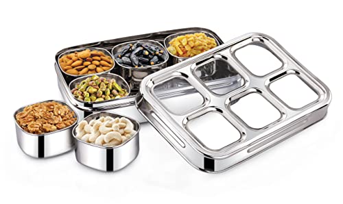 Image of Expresso 6 Square Stainless Steel Spice Box With 6 Containers - See-Through Glass Lid Masala Dani /Dry Fruit Box for Kitchen - Silver