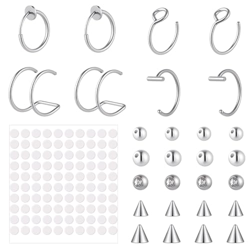 128 Pcs Fake Nose Ring Fake Lip Eyebrow Piercing, Non-Piercing Stick on Hoop Stud Lip Eyebrow Ear Cuffs Set with 100 Pcs Sticker, Silver Stainless Steel Replacement Faux Piercing Jewelry for Women Men