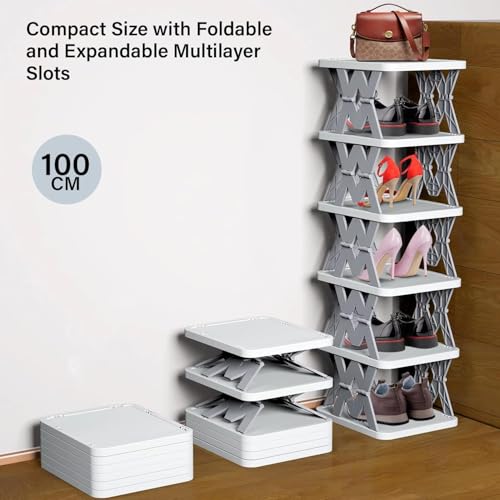 Image of Zureni Stackable Shoe Rack 6-Tier Foldable and Adjustable Footwear Organizer Portable & Expandable Storage Shelf for Home Slippers & Sandals (Grey,Pack of 1)