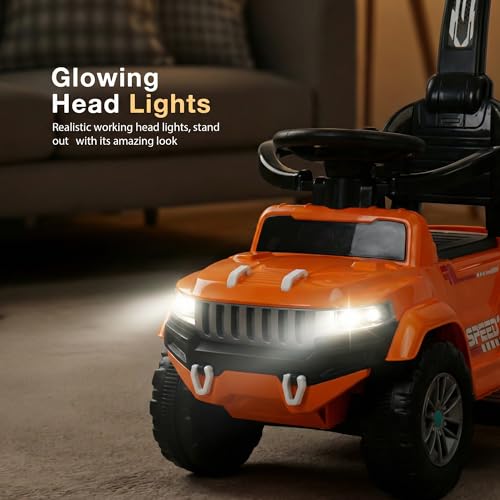 Image of Baybee Speedy Pro Baby Ride on Car for Kids with Parental Handle | Portable Kids Car with LED Lights, Music, Backrest & Basket | Toy Rideons Jeep | Toddler Push Baby Cars for 1 to 3 Years (Orange)