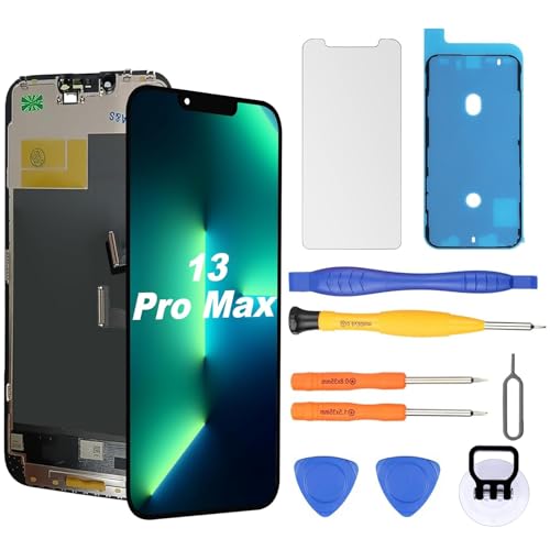 OLED Display für iPhone 13 Pro Max Displayreparatur [Soft OLED NICHT Hard OLED] 3D-Touch Display Total HD Digitizer Baugruppe mit Reparatur-Werkzeugsatz wasserdichter Kleber Displayschutzfolie