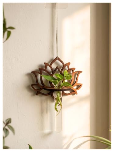 Image of Bombay Greens ; Sow, grow, eat, repeat Hanging Lotus Planter with Wooden Holder & Rope | Test Tube Hanging Planter | Wooden Stand for Home Decor, Living Room, Balcony & Office Decoration