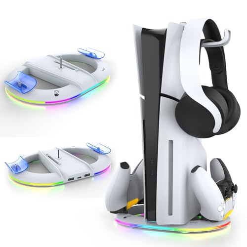 PS5 Pro/新型 PS5 Slim対応 縦置きスタンド【新登場-ps5 pro/slim対応】PS5 Pro用 スタンド 縦置き ps5 slim用 RGB コントローラー 充電スタンド 2台同時充電 RGBライト/充電指示ランプ/USBポートとイヤホ