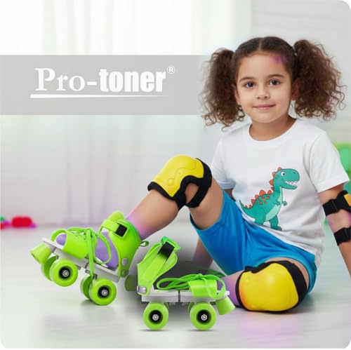 Image of Kids Roller Skates Set with Helmet, Knee Pads, Elbow Pads and Wrist Guards (Neon)