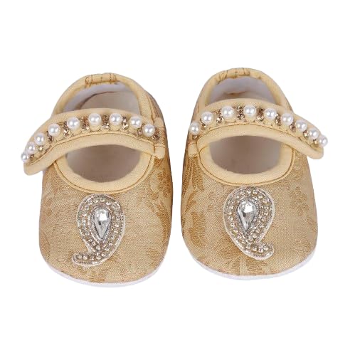 coco candy Golden Ethnic Brocade Booties with Pearl & Stones Shoes for Girls Soft Warm Comfortable Anti-Slip New Born Infant shoe Baby Footwear gift for little one Walking & Daily Wear-picture-30