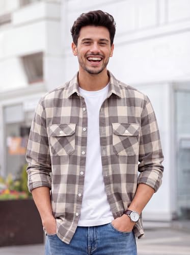 Image of Amazon Brand - INKAST Men's Cotton Blend Button Down Shirt || Long Sleeve Casual Flannel Check Shirt || Soft Breathable Lightweight Collared Shirts with Two Flap Chest Pockets || Stylish Everyday Wear