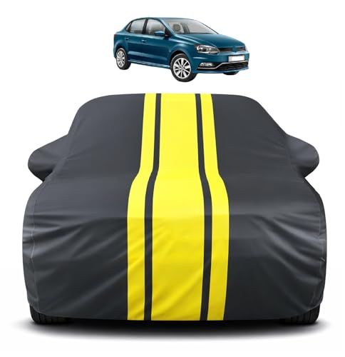 Image of Auto Hub Car Cover Compatible with Volkswagen Ameo with Mirror Pocket, Soft Cotton Lining, Ameo Car Cover Waterproof - Yellow-Black