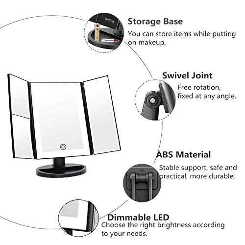 deweisn 36 LED Nature Daylight Tri-Fold Lighted Vanity Makeup Mirror with Touch Screen Dimming and 3X/2X/1X Magnification Mirror, 180 Degree Free Rotation, Countertop Cosmetic Mirror - Thumbnail 4