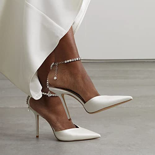 LauraVicci Women's Heeled Sandals Crystal Chain Ankle Straps Rhinestones Buckle High Heels Stiletto Slip On Wedding Party Satin Dress Shoes2