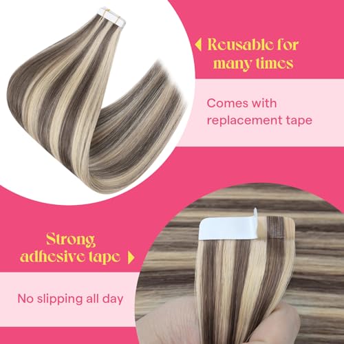 Image of Ve Sunny Hair Tape in Extensions Light Brown Highlight Blonde | Human Hair Extensions Tape ins,20Inch 25g 10Pcs,Adhesive Smooth,for Prom Party