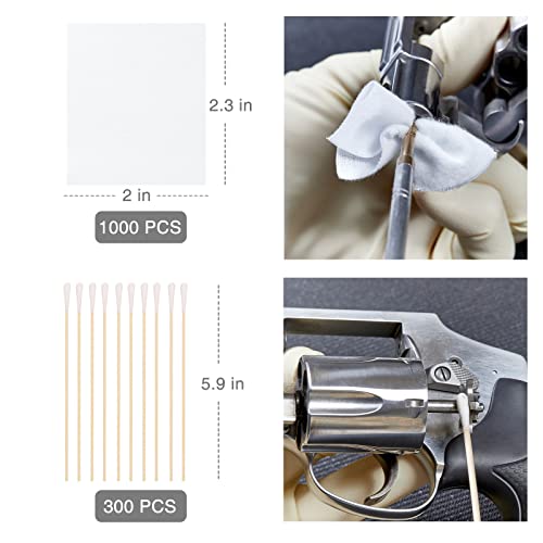 Gun Cleaning Supplies,1000PCS Gun Cleaning Patches and 300PCS Gun Cleaning Swabs,6\" Long Cotton Swabs,2\"x2.36\" Lint Free Gun Cleaning Rags Fit Most Caliber Firearms