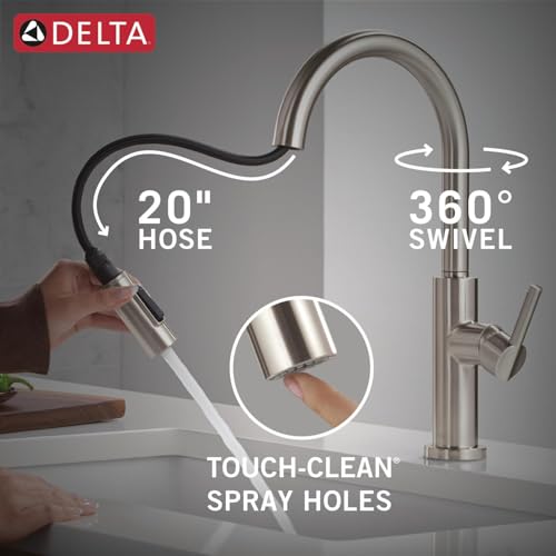 Image of Delta Nicoli Brushed Nickel Kitchen Faucet with Pull Down Sprayer, Modern Single Hole Kitchen Sink Faucet, Single Handle, Stainless Steel 19867LF-SS