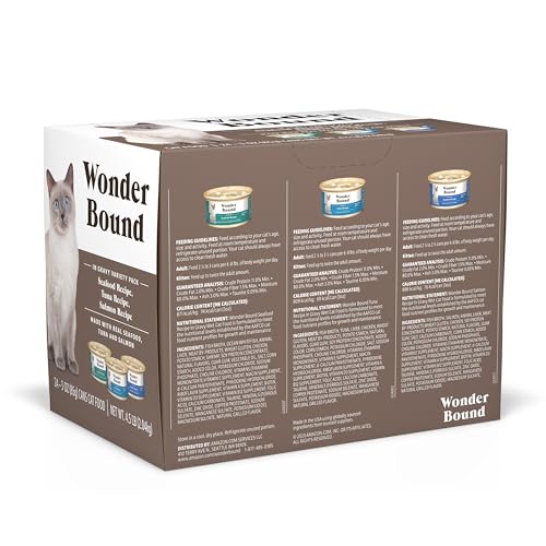 Image of Amazon Brand - Wonder Bound Canned Wet Cat Food Variety Pack (Seafood, Tuna and Salmon Recipes in Gravy), Adult Recipe, 3 Ounce (Pack of 24)