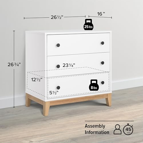 Image of Prepac Nordik Nightstand Bedside Table, White & Oak Nightstand for Bedroom, End Table with 3 Drawers 16 inch D x 26.5 inch W x 26.75 inch H, WODNR-2203-1