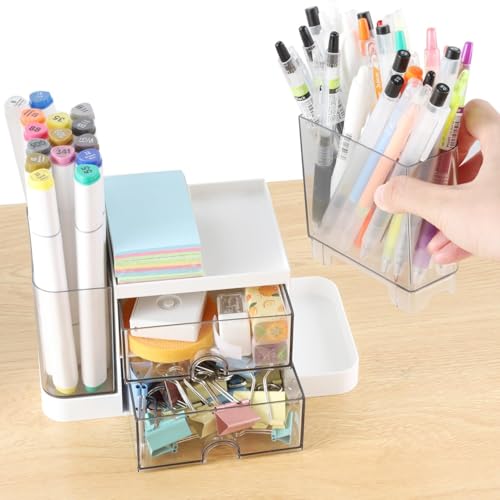 Image of Desk Organizer with 2 side Drawers & Dual Pen Holders Multipurpose Desktop Storage Box for Office Desk Study Table Makeup Vanity Stationery Holder with Transparent Top Tray(multicolor)