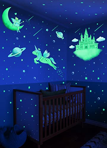 194 PCS Glow in The Dark Stars for Ceiling, Wall Decals for Girls Bedroom, Unicorn Room Decor for Girls Bedroom, Moon Castle Butterfly Fairy Planet Wall Stickers for Kids, Birthday Gift for Kids