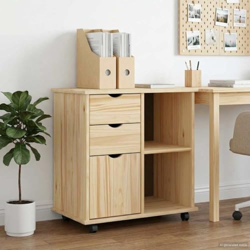 LoogCape Cajonera de madera maciza de pino marrón con 2 cajones, 5 compartimentos y ruedas, 63,5 x 39 x 65,5 cm, armario de almacenamiento para oficina, dormitorio, pasillo y orden