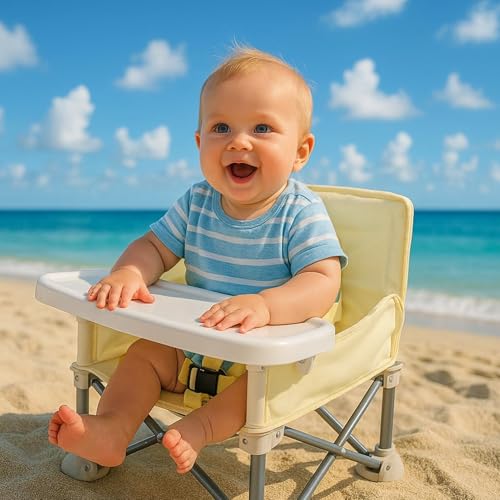 Image of Portable Baby Chair with Removable Tray - Folding Booster Seat for Toddlers 6 Months to 3 Years, Lightweight Travel Highchair for Camping, Beach, Outdoor & Dining Table Use Beige (Beige)