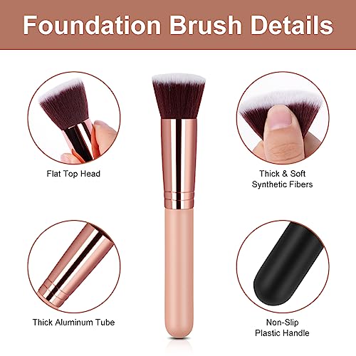 AOOWU Make Up Pinsel, Schminkpinsel Kosmetikpinsel Makeup Brush, Flat Top Foundation Pinsel für Gesicht, Puderpinsel Make-Up Pinsel & Zubehör für Cremige, Pudrige Oder Flüssige Foundation(Roségold)