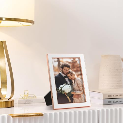 Image of eletecpro 4x6 Enamel Picture Frame Set of 2 with Real Glass Cover, Cute Photo Frame with Rose Gold Metal Edge, Horizontal and Vertical Display Pictures 4 by 6 for Tabletop and Wall Decor, White
