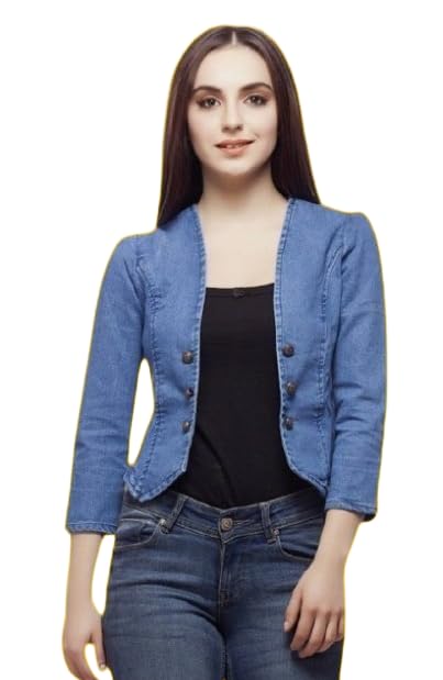 Wingzss Women's Cropped Denim Jacket, Three Quarter Sleeve, Button Front, Light Blue, Casual Style-picture-18