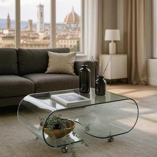 Homely® Mesa de Centro Coffee de Cristal Curvado de una Pieza con Ruedas | Mesa de Centro con Ruedas práctica y versatil | Solo 90x50x39,5 cm. Ideal para Salones pequeños (Transparente)