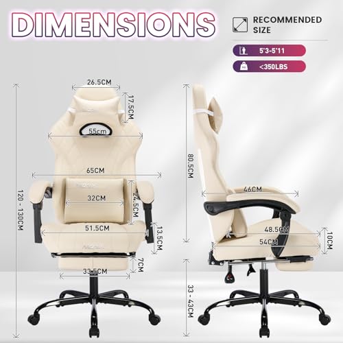 Image of Gaming Chair with Footrest and Massage Lumbar Support, Ergonomic Computer Gamer Chair, Office Video Game Chairs with Adjustable Height and Backrest (Beige)