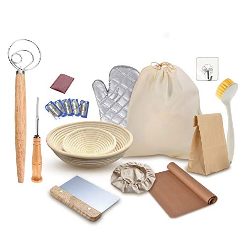 Bread Proofing Basket Set, 6 & 10 Inch Baking Bowl, Bread Dough Rising Rattan Proofing Basket, Dough Scraper Bread Making Tools for Home Bakers, Sourdough Starter Jar Proofing Box Gifts for Bakers