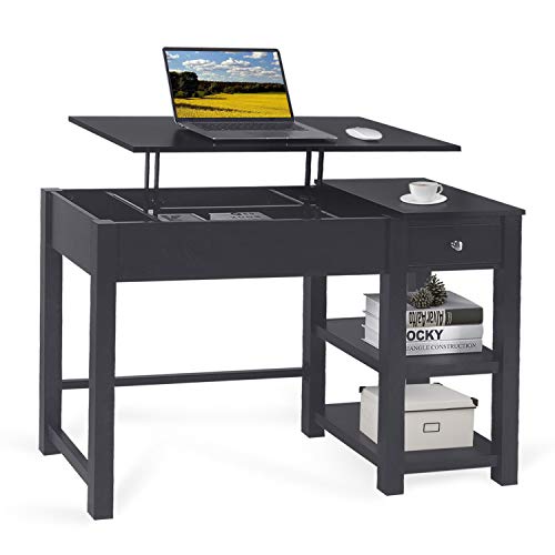 COZUHAUSE 47 Inch Lift Top Desktop Modern Home Office Desk with 2 Shelves and 2 Large Capacity Drawers for Living Room,31.8-41.26in H (Black)