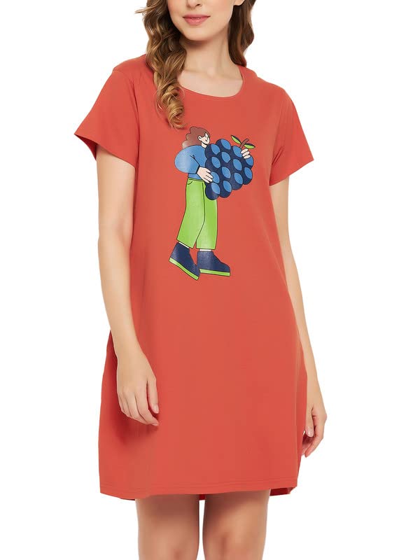 Women's Cotton Graphic Print Short Nightdress in Red