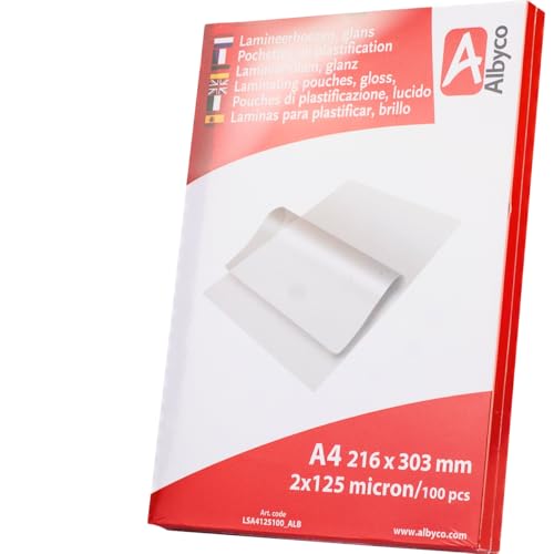 Albyco Fundas Plastificar - Laminas para plastificar- Película de Laminación- A4 (216x303 mm) - 2x125 (250) Micras- 100 Piezas- - Plastificadora, A4 Hojas Plastificar- Brillante- Transparente