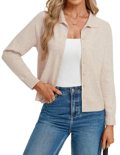 Image of GRACE KARIN Women's Cardigans Long Sleeves Button Down Stand Collar Lapel Collar Cropped Cardigan Casual Light Camel S