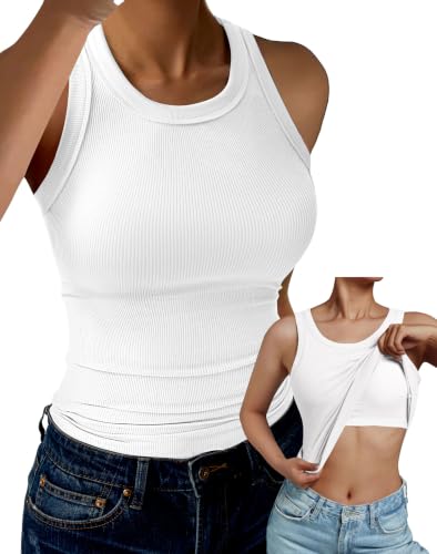 GKBK Tank Top for Women Built in Bra High Neck Ribbed Basics Tops Racerback Fitted Bra Tanks White M